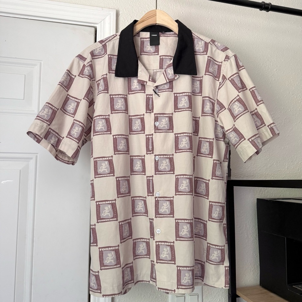 NWT FORMER black cream tan beige contrast collar checker logo button up‎ shirt